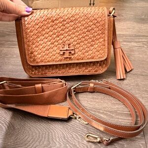 Tory Burch Tan Woven Crossbody Bag with Tassel